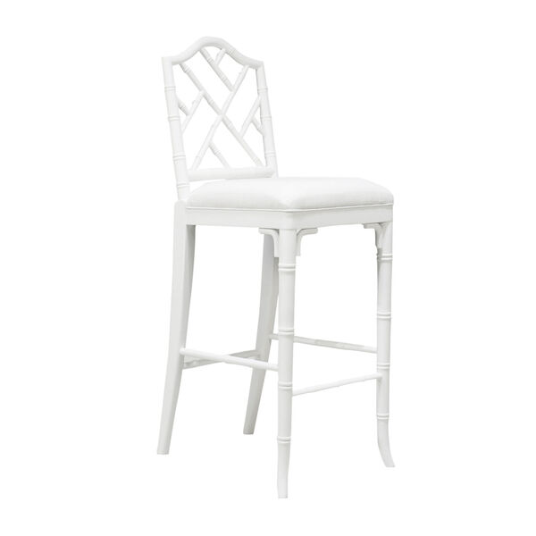 Lloyd Matte White Lacquer White Linen Chippendale Style Bamboo Bar Stool, image 1